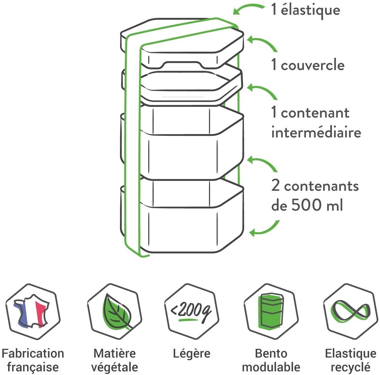 bento lunch box Végétale Fabriquée en France - Vert Anis | boite a gouter/bento box repas légère 1L Micro-ondes & Lave-Vaisselle | boite de rangement avec couvercle
