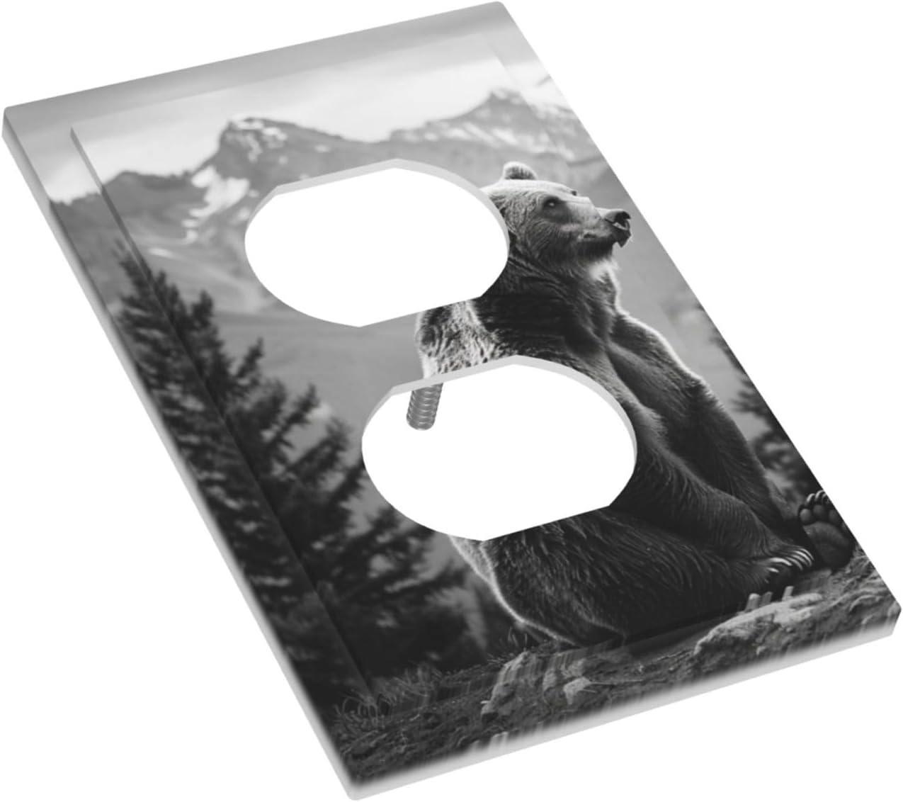 Decorative Outlet Covers Black White Bear Mountain Pine Trees Wilderness 1 Gang Duplex Light Switch Cover Plate Electrical Switch plates Wall Plates Receptacle Cover for Bathroom Bedroom Decor