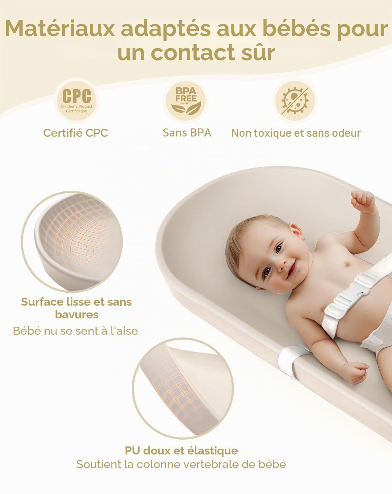 COMOMY Matelas à langer imperméable, anti-roulement, avec sangle de sécurité, facile à nettoyer, 72,5 x 36 cm, pour commode et table, couleur avoine