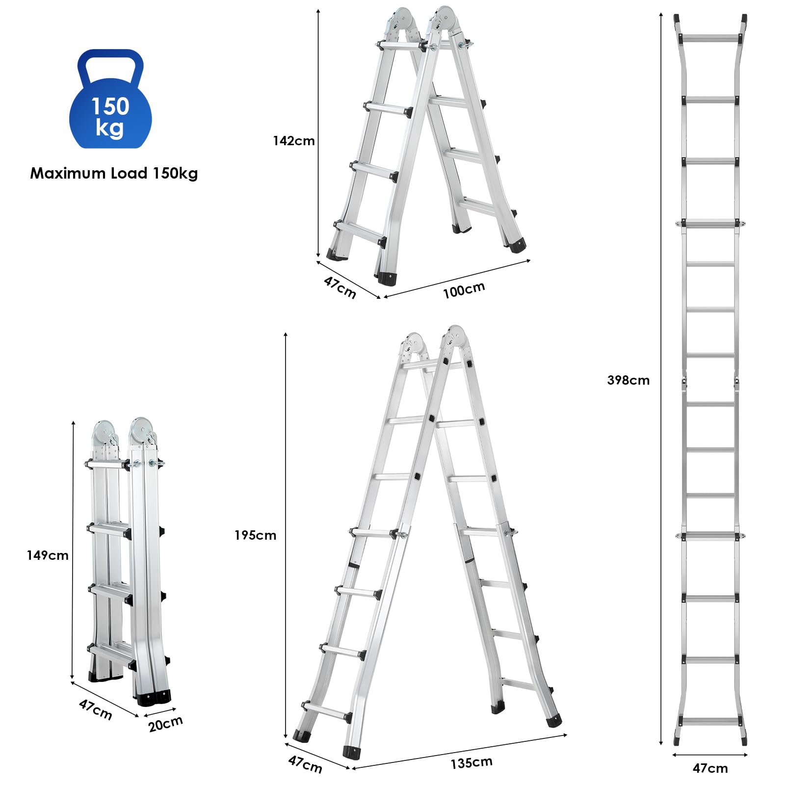 TLGREEN Aluminiowa drabina teleskopowa 4 x 3 stopnie, 3,98 m wysuwana drabina, aluminiowa drabina wielofunkcyjna, drabina przegubowa, drabina składana, drabina schodowa, drabina przystawna, drabina