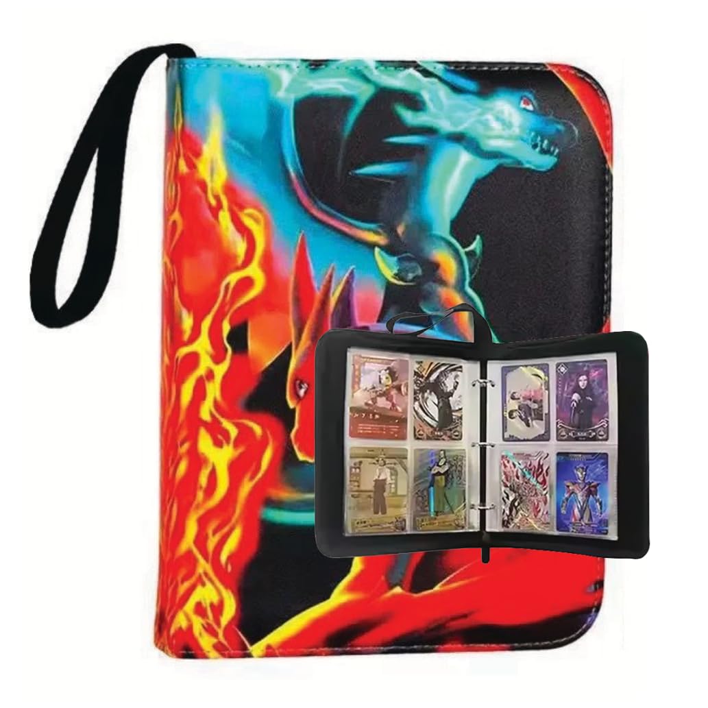 Trading Card Zip Binder - 4-Pocket Sleeves, 50 Pages, 200-Card Capacity, 3-Ring PU Album with Wrist Strap, Flame Dragon Artwork