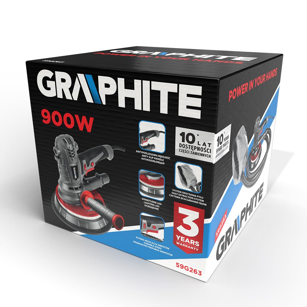 GRAPHITE Scheppach Lijadora de pared y techo - 1400-2700 RPM - Papel de lija de velocidad variable con luz LED - 900 W, tamaño de disco 180 mm - Lijadora profesional de yeso