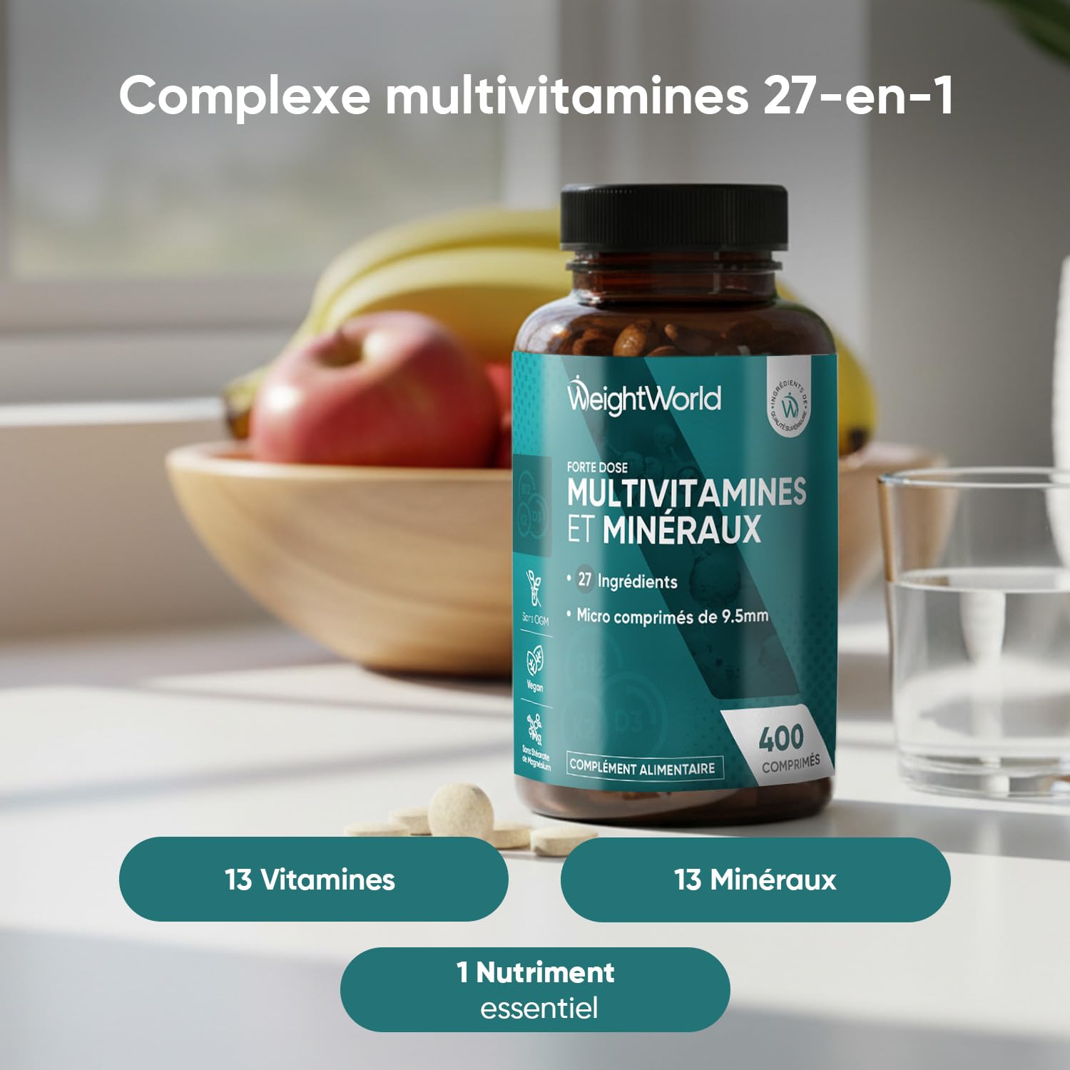 Multivitamines et Minéraux - 400 Micro-Comprimés Vegan (+ 1 An) - 27 Nutriments Essentiels Vitamines A B C D E K, Calcium, Magnesium, Zinc, Fer, Iode, Potassium, Vitamines, Minéraux et Compléments