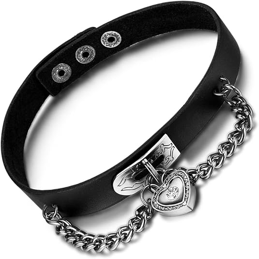Flongo Womens Men's Fashion Punk Alloy Cool Gothic Heart-Shape Lock Link Leather Collar Choker Necklace