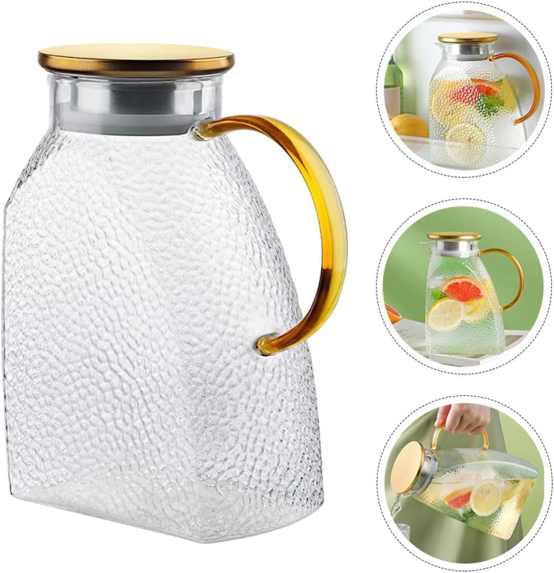 Glass Water Pitcher 1500ml with Lid, Stainless Steel Handle