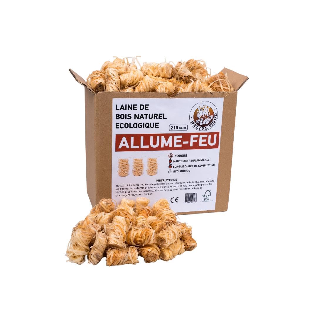 Boite 210 Allume-Feux en Laine de Bois 100% Naturel et Biologique sans Produit Chimique pour cheminée Barbecue poêle à Bois Insert Four brasero feu de Camp Four à Pizza Grill