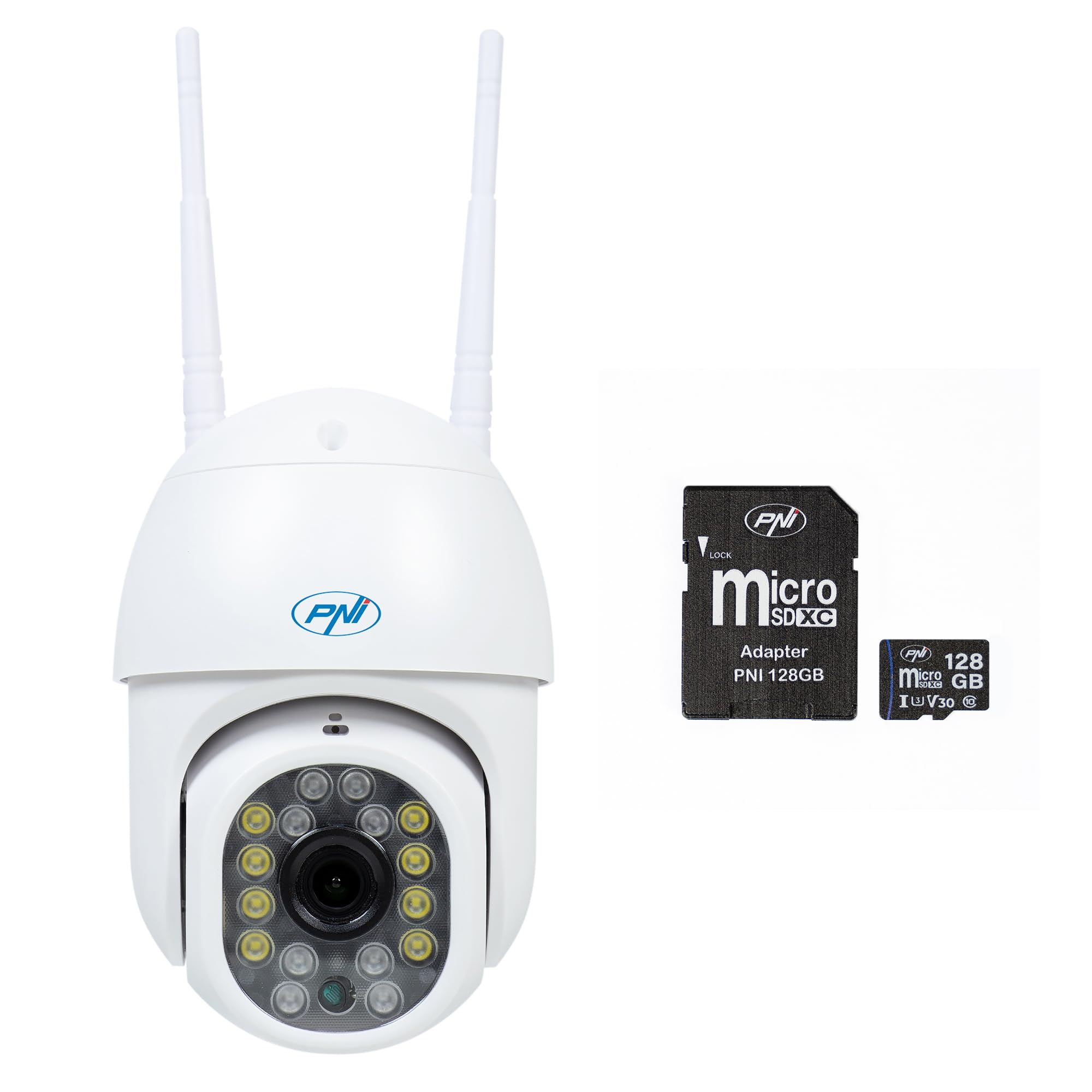 PNI Bezprzewodowa kamera do monitoringu wideo IP440 WiFi, PTZ, 4 MP i karta pamięci microSD 128 GB w zestawie