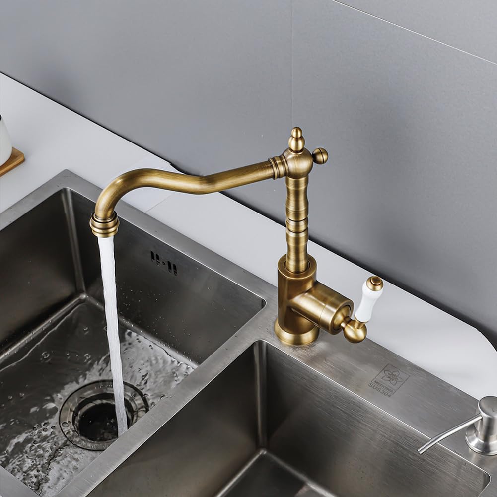 Wasserhahn Küche - Küchenarmatur Retro Antik Stil Messing Einhebel 360° Schwenkbar Spültischarmatur Mischbatterie, Hoher Auslauf Armatur Küche, Bronze