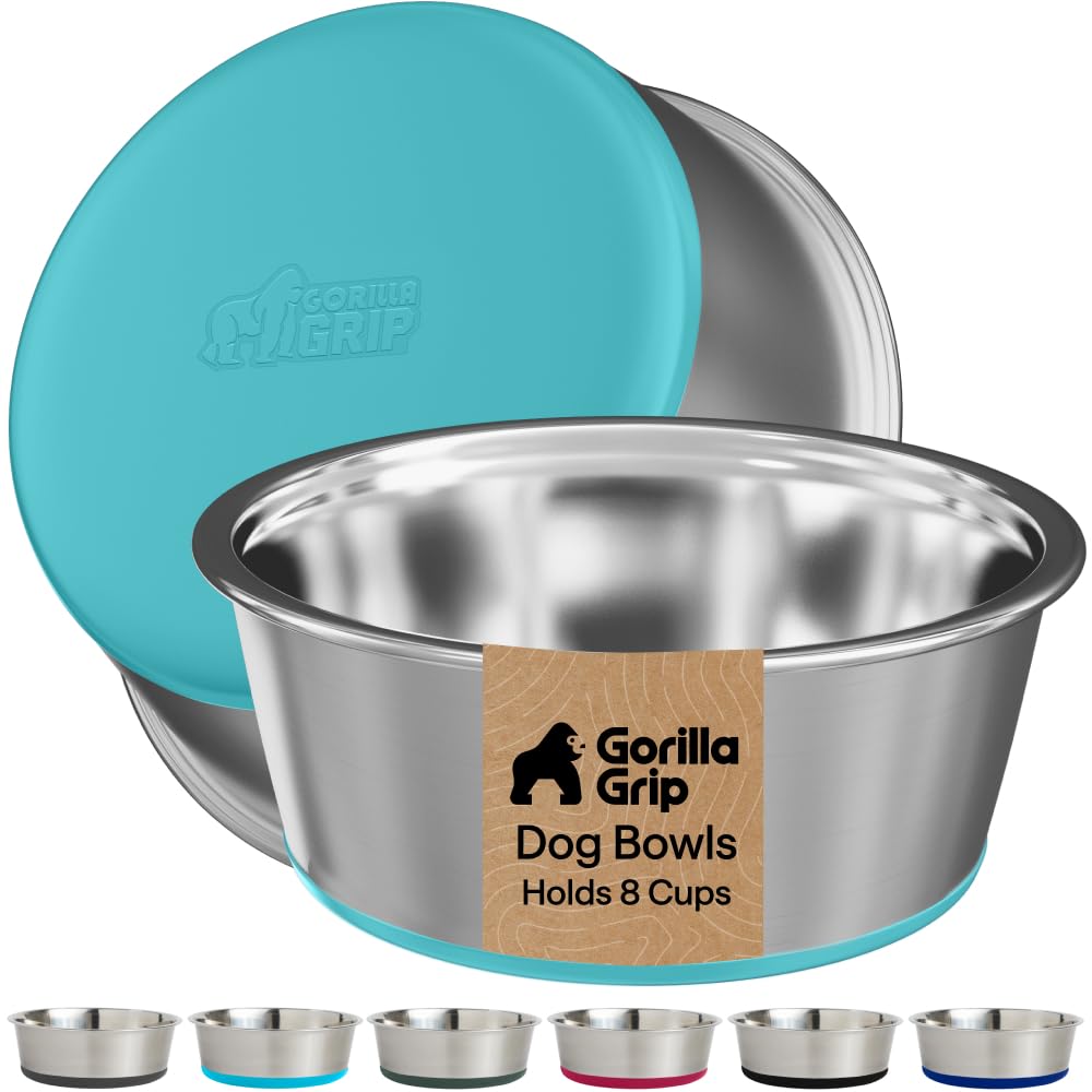 GORILLA GRIP Dog Bowls, Food Grade Stainless Steel, 2 Set, 8 Cup, Turquoise