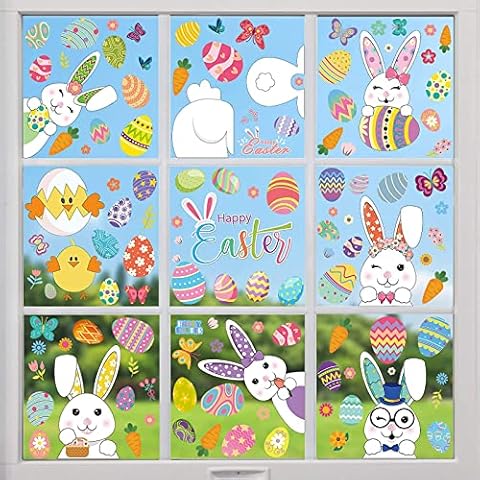 Easter Window Stickers, Easter Decorations 9 Sheets 121 Pcs Easter Stickers Window Easter Bunny Window Clings Pvc Static Stickers, Ideal Easter Gifts for Kids & Adults Used for Home Office Shop Window Cover
