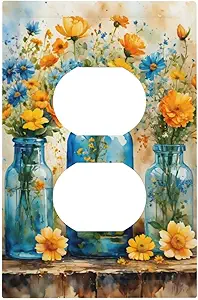 Decorative Outlet Covers Rustic Yellow Flowers Floral Blue Bottles 1 Gang Duplex Light Switch Cover Plate Wall Plates for Electrical Outlets Switchplate Faceplate for Country Bedroom Decor