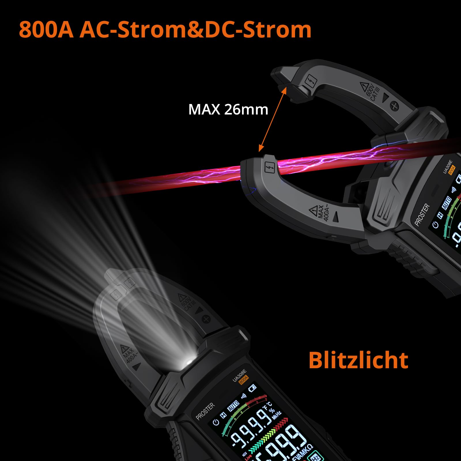 Proster Stromzange 6000 Zählungen Auto Range 800A AC/DC Strom 600V AC/DC Spannung NCV Stromführende Leitung Widerstand Diode Temperatur Kontinuität mit Aufbewahrungstasche Messleitungen