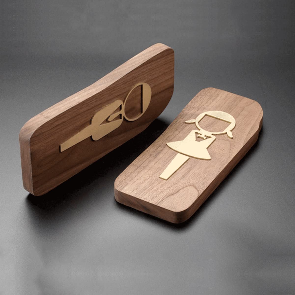 Juego de letreros for baño, figuras de niño y niña, latón nogal, paquete de 2