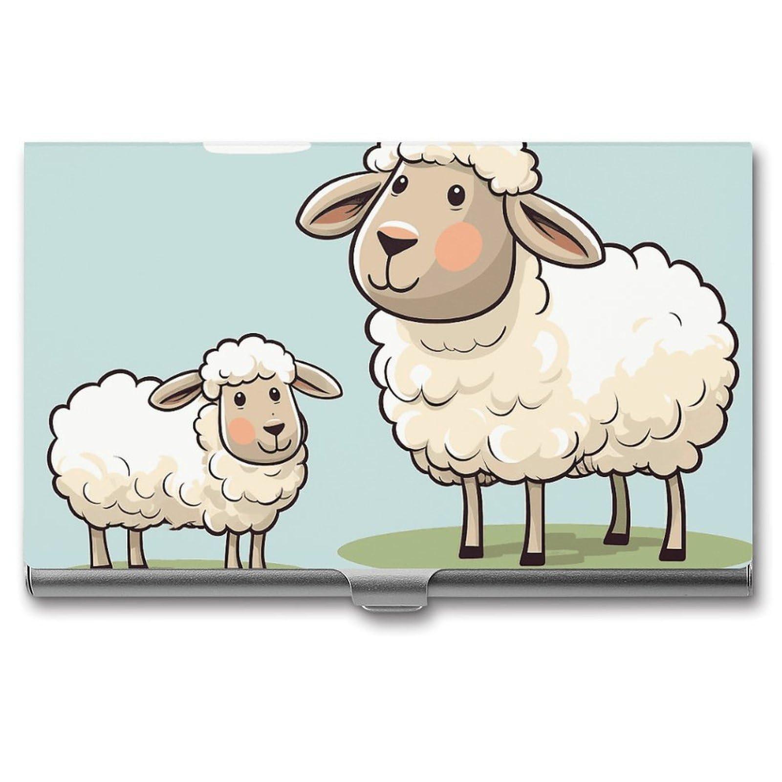 BTCOWZRV Sheep And Lamb Cartoon Business Card Holder Metal Slim Business Card Case, Pocket Card Holder for Men Women Purse Name Card Holder Stainless Steel Wallet Credit ID Case for Office