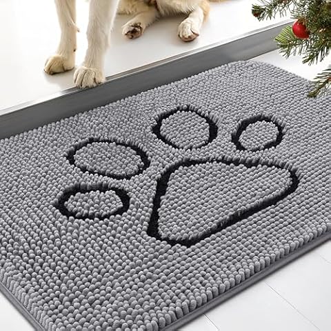 Smiry Dog Door Mat for Muddy Paws, Absorbent Dirt Trapper Non-Slip Washable Mat, Quick Dry Chenille, Mud Mat for Dogs, Entry Indoor Door Mat for Inside Floor (30x20 Inches, Grey) Cover
