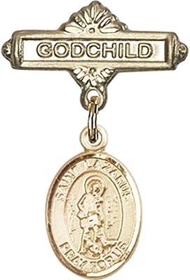 14kt Yellow Gold Baby Badge with St. Lazarus Charm and Godchild Badge Pin 1 X 5/8 inches