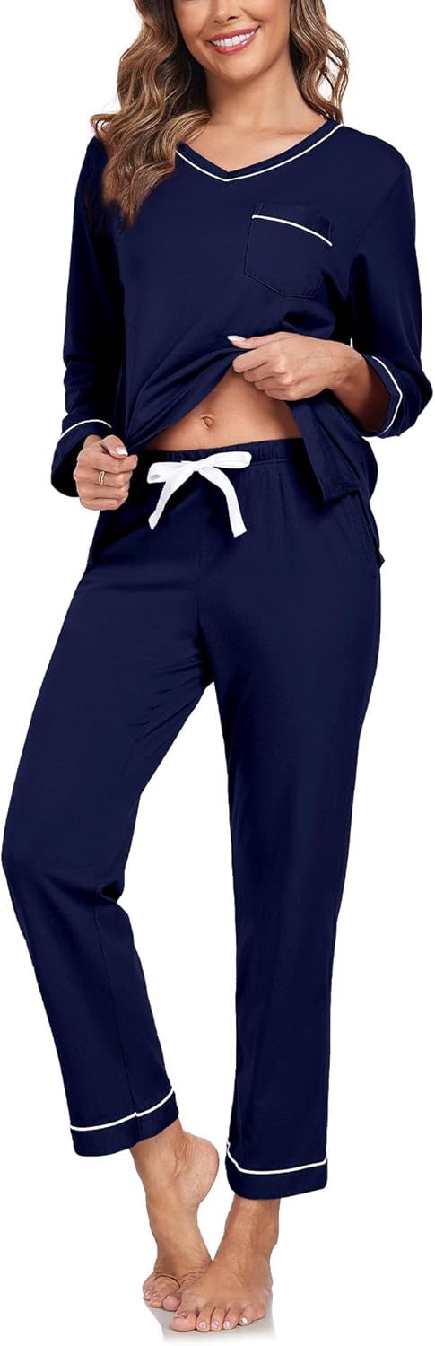 COLORFULLEAF Women's 100% Cotton Pajama Set with V-Neck, Long Sleeves & Long Pants, 2-Piece Sleepwear with Pocket S-XXL