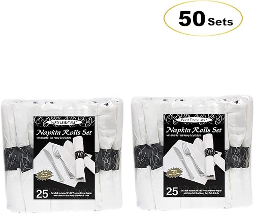 Miniatura 3 de Party Essentials Party Supplies - Juego de cubiertos envueltos desechables, servilletas y cubiertos preenrollados, tenedorescuchillos plateados, 50