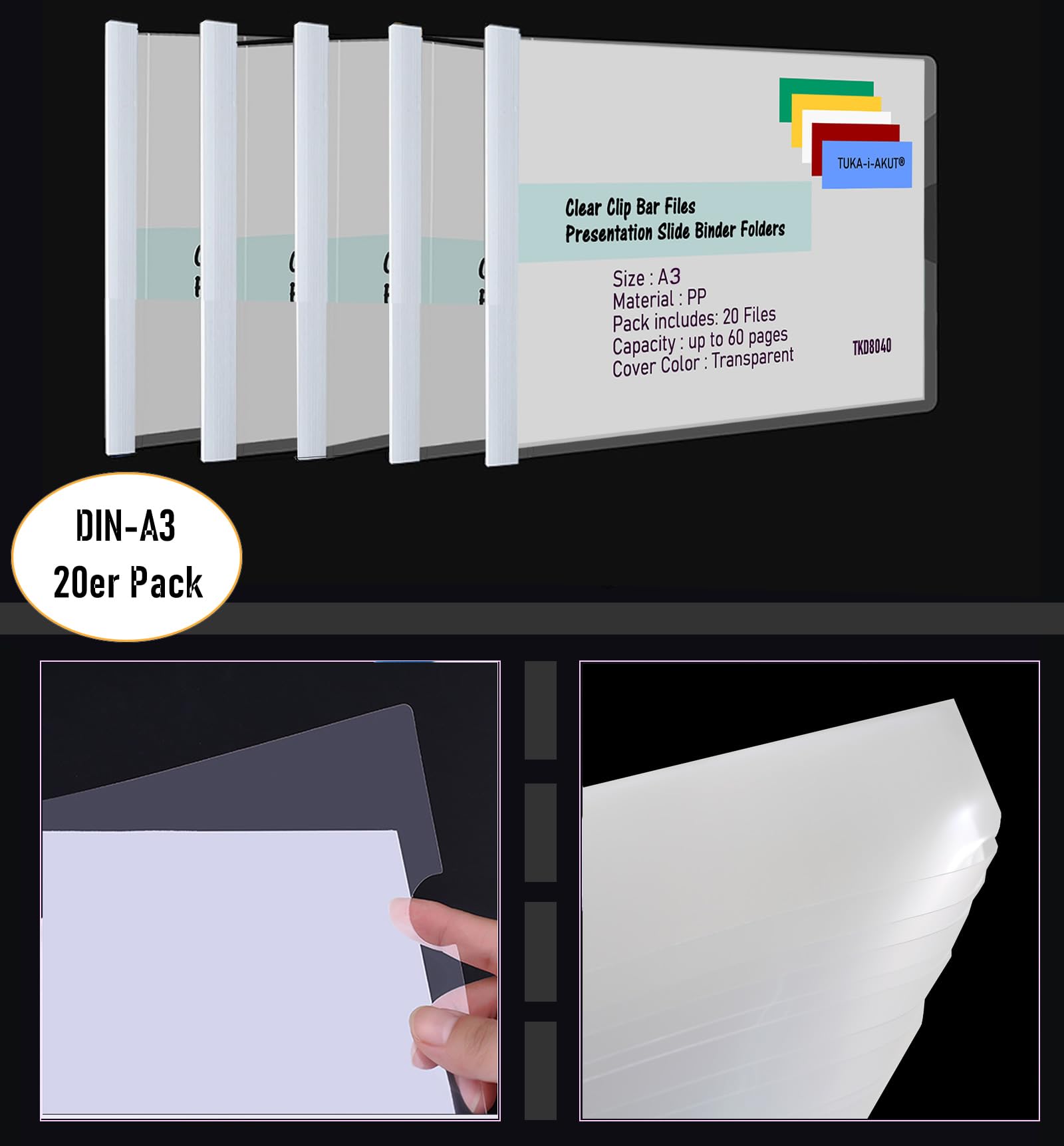 TUKA-i-AKUT 20st. A3 Sliding Bar Binder, PP Transparent Klemmschienen Berichte Umschlag, Abdeckungen Grip Binding Bars Dokumente Klassifizierung, 20er Set, Schiebe Bar in Weiß, TKD8041-A3-W-white-20x