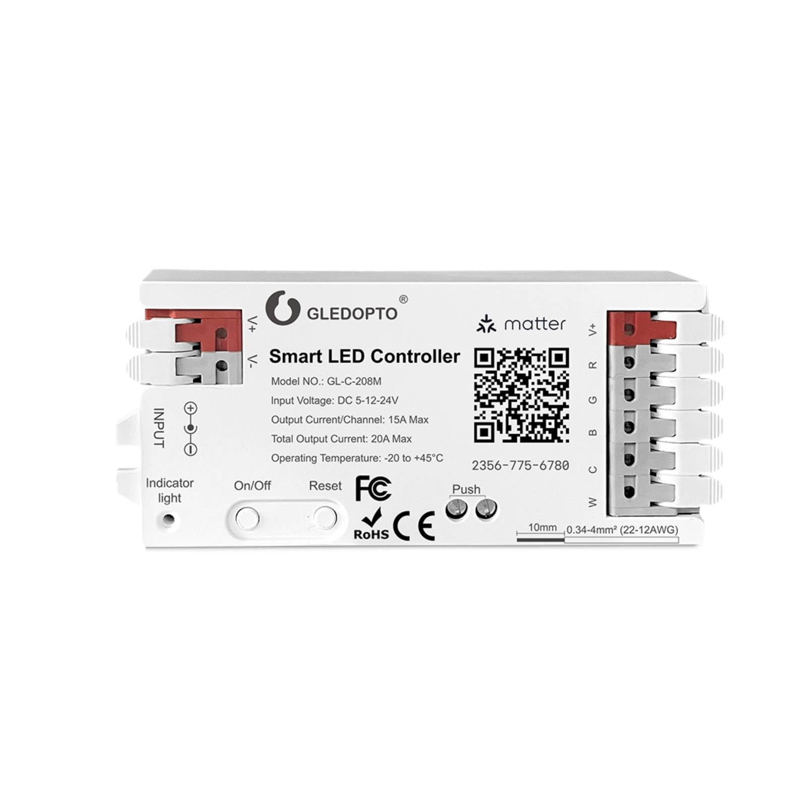 Contrôleur LED Intelligent Matter GL-C-208M | RGBCCT, Compatible with Ap*ple Home, Alexa, Google Home | Variateur pour Bande LED RGB + Blanc Chaud/Froid | DC 5-24V, 20A Max | Installation Facile
