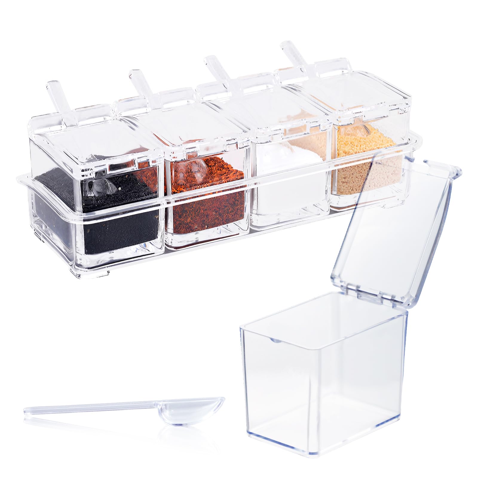 Acrylic Seasoning Box, Clear Seasoning Rack Spice Pots, Storage Containers Condiment Jars with Lids and 4 Serving Spoons for Spice Salt Sugar Cruet Kitchen Cooking Organizer