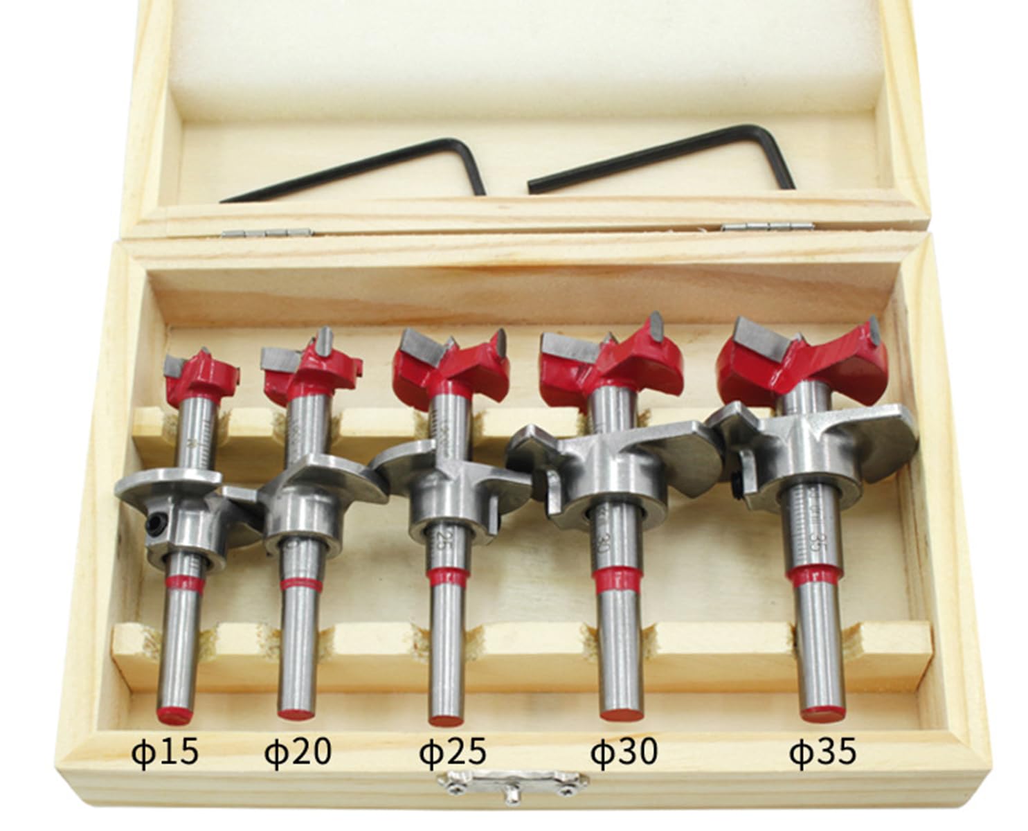 Lot de 5 forets Forstner, 15 mm, 20 mm, 25 mm, 30 mm, 35 mm, en acier au carbone, positionnement ajustable, travail du bois, foret à charnière, foret pour bois tendre et dur