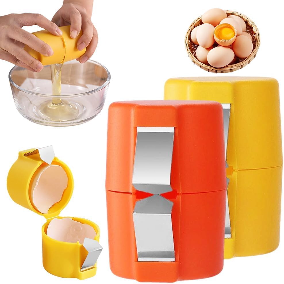 2Pcs Egg Shell Opener, 2025 New Egg Cracker Tool for Raw Eggs, Hard Boiled Egg Peeler Egg Cube Egg Separator Handheld, Stainless Steel Eggshell Breaker Egg Shell Cutter Kitchen Gadgets?Orange+Yellow?