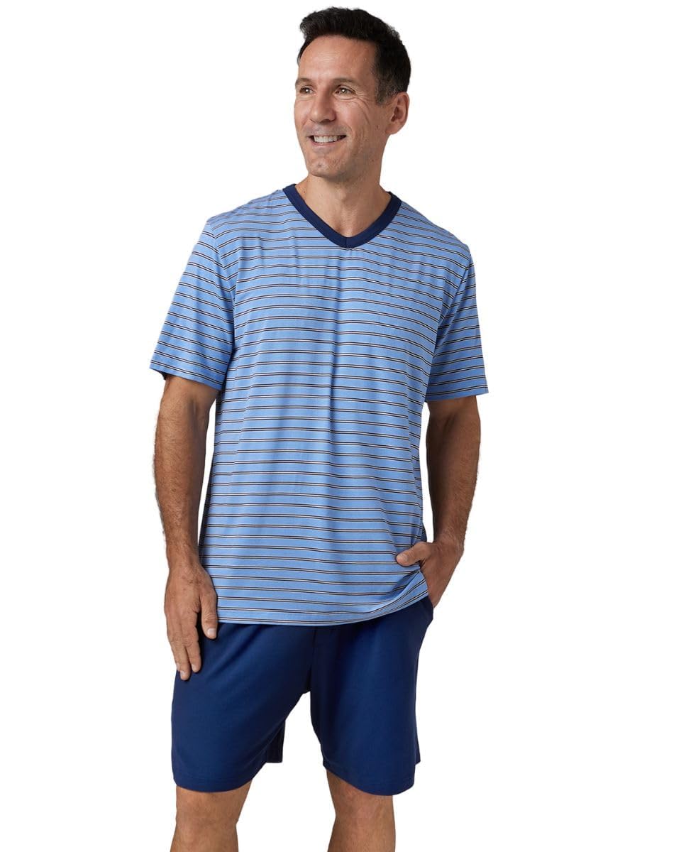 ZD ZERO DEFECTS | Pijama Corto Hombre Modal Confortable | Tejido Suave Transpirable Ligero | Varias Tallas – Color Azul Rayas y Pantalón Liso