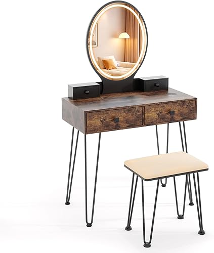 Miniatura 43 de CHARMAID Mesa de tocador de maquillaje con espejo iluminado, 3 juegos de iluminación, brillo ajustable, 2 cajones grandes, cajas de almacenamiento