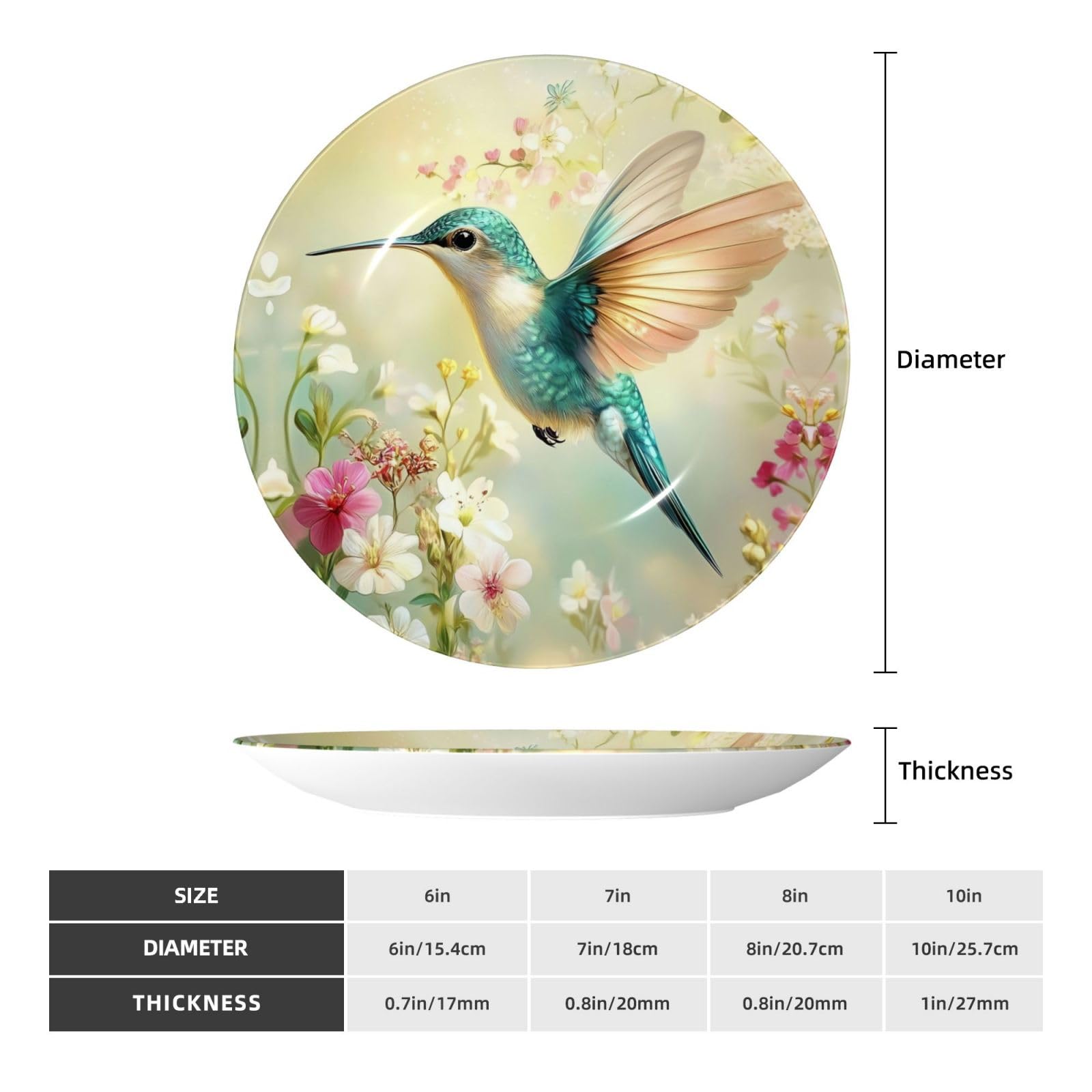 YZILDP Teal Hummingbird Garden Ceramic Plate with Display Stand,10 in,Spring Birds Decorative Plates Wall Hanging Ceramic Craft Decor for Kitchen Dining Room Home