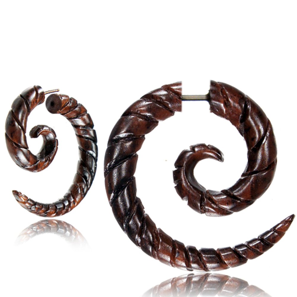 Chic-Net Patrón en Espiral Falso Piercing Madera Marrón Oscuro Cierre Correa Acero Inoxidable