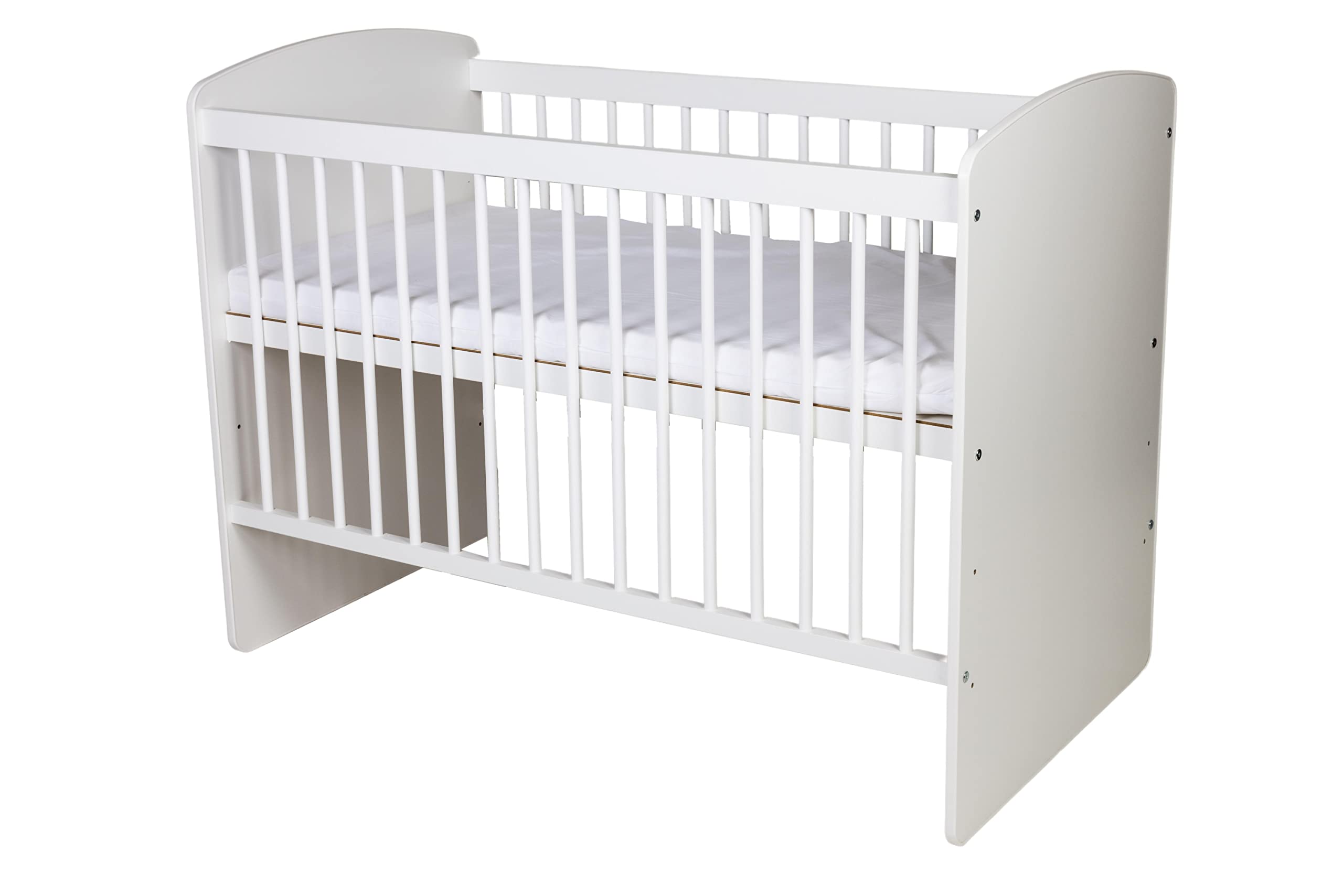 Lit Bébé K2 Blanc 120 x 60 cm avec Sommier À Lattes - Lit Bébé 3 Niveaux Réglable en Hauteur - Bois de Pin Laqué et MDF
