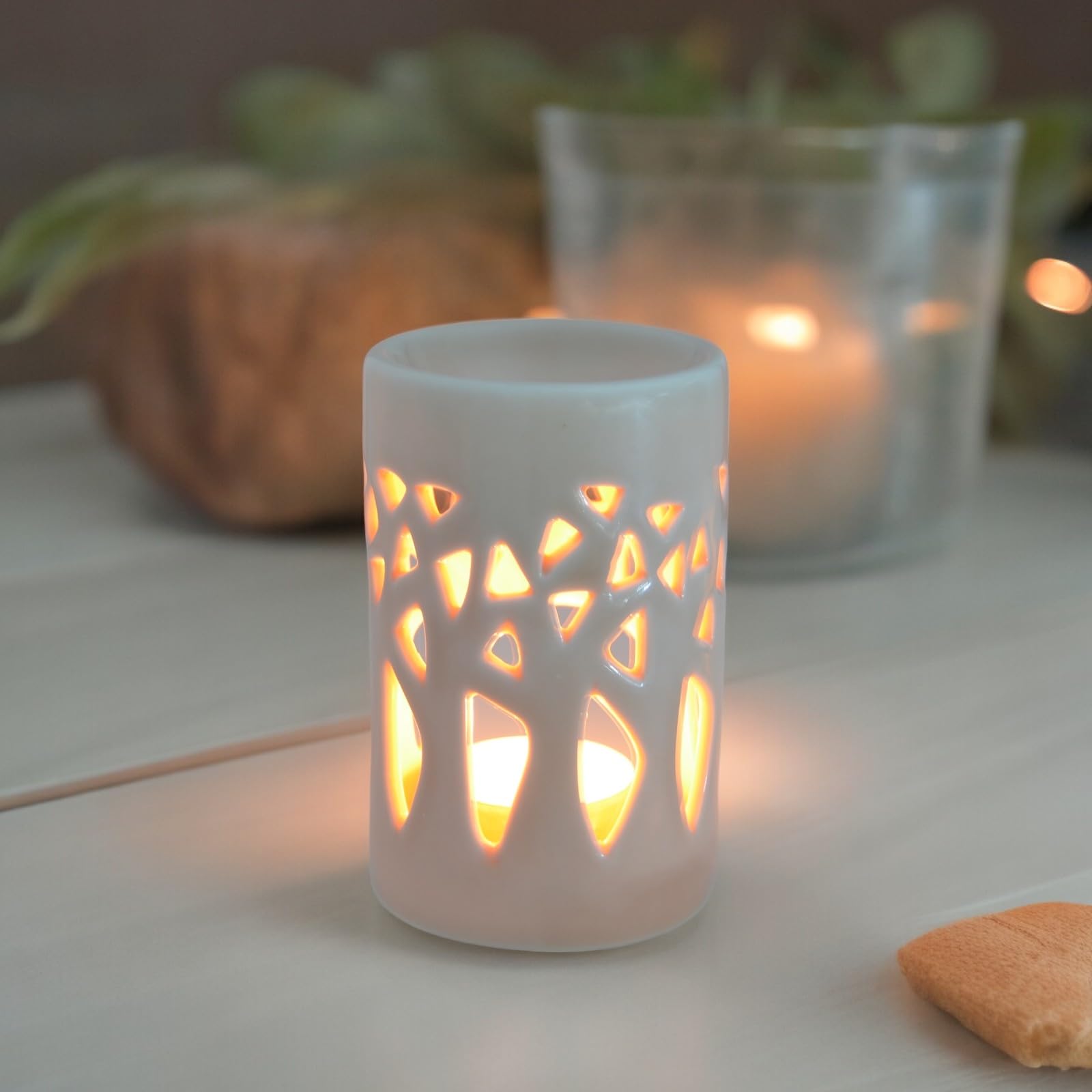Brûle Parfum Brûleur Fondant Cire Parfumée - Difusor de Aceite y Fragancia - Portavelas de cerámica con proyección de luz - 11 cm de Altura Forêt Gris- Zen'Arôme