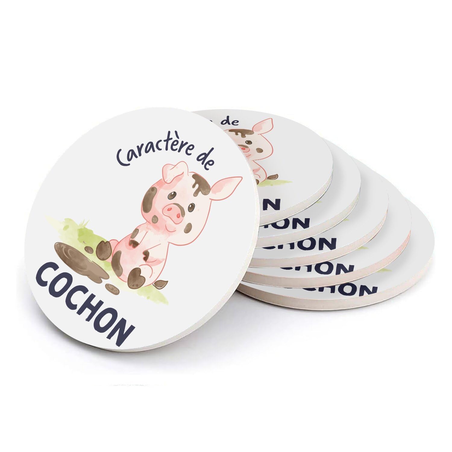 Sous-verre ronds en céramique Caractère de Cochon | Idée cadeau originale pour crémaillère