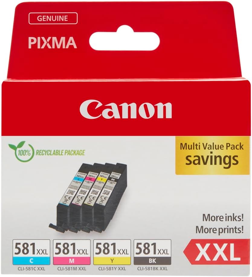 Canon CLI-581 C M Y BK Original XXL Printer Cartridges with High Yield Pack of 4 (1 x XXL Black, 1 x Cyan, 1 x Magenta, 1 x Yellow)