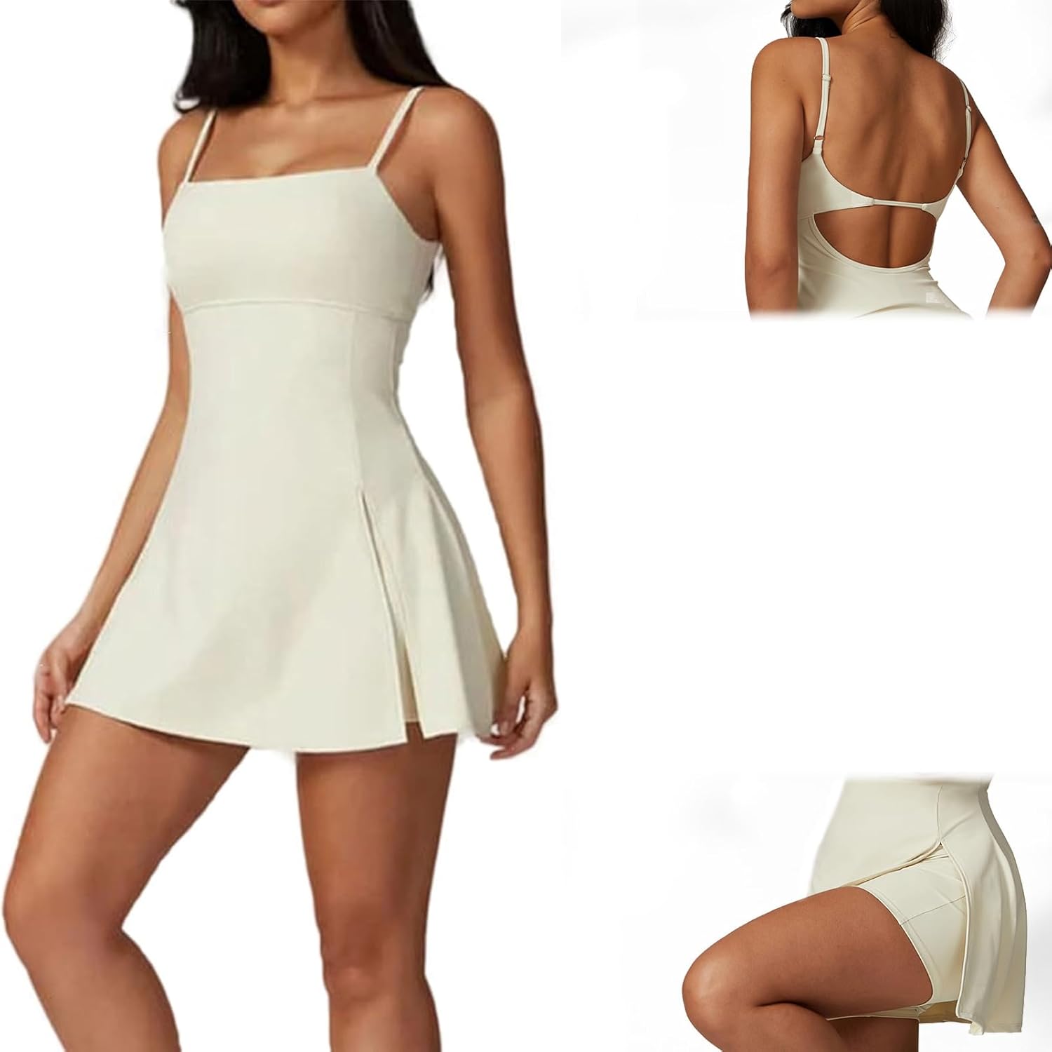 Generic 2 in 1 Split Hem Sports Dress, Dresses with Built-in Bra & Shorts, Womens Spaghetti Strap Backless Tennis Dress