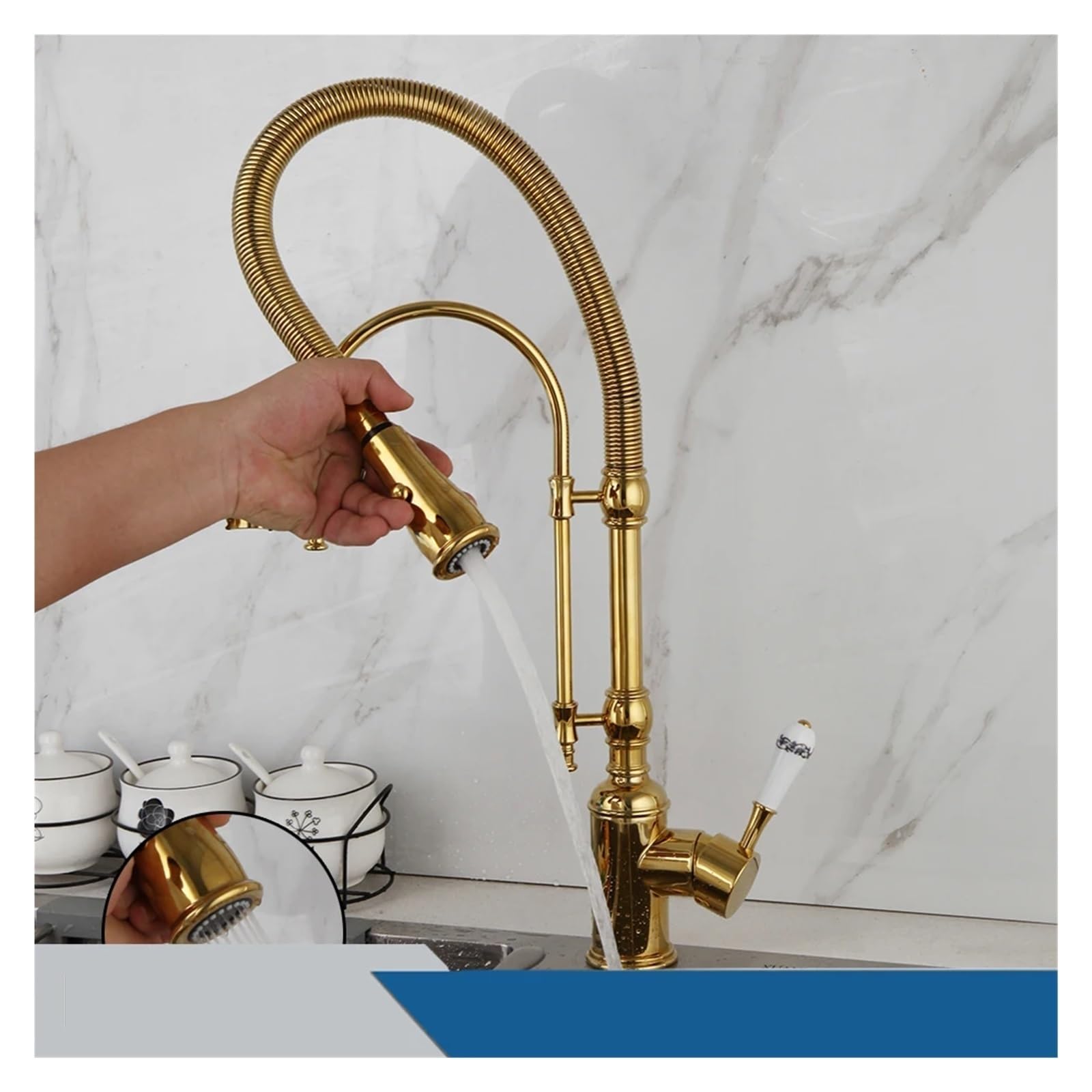 Jvddi Brushed Gold Pull Down Kitchen Sink Faucet Hot & Cold Mixer Crane Tap With Dual Spout Deck Mounted(Brushed Gold)