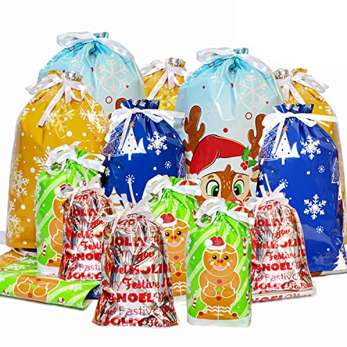 32 Christmas Drawstring Gift Bags, Goodie Bags for Xmas Holiday Party Favor, Wrapping Gift Bags