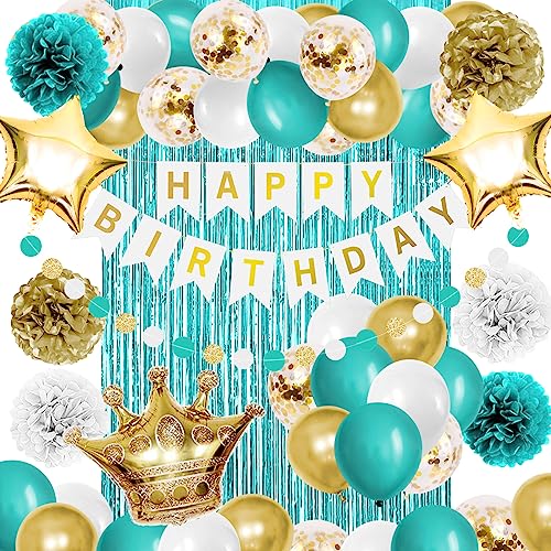 Iysoll Teal Blue and Gold Birthday Party Decorations Happy Birthday Banner Turquoise Aqua Teal Balloons Foil Fringe Curtain Tissue Pom Poms for Women Girls men boys