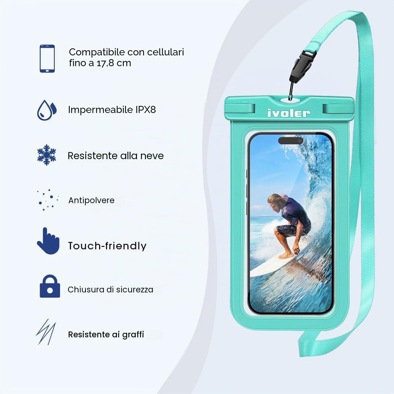 iVoler Kit Impermeabile con Borsa Marsupio e Custodia Smartphone IPX8 per Sport Acquatici Pesca Vela Sci Mare Escursione, Protezione per Cellulare Portafoglio Documenti - Verde Menta