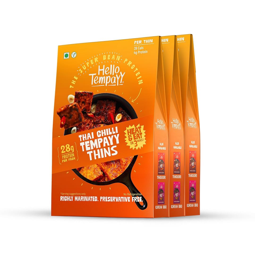 Helloo Tempay'y Thai Chilli Tempeh Thins | Value Pack of 3 | Protein Rich | Heat & Eat | More Nutritious Than Paneer & Tofu | High Fibre-by Hello Tempayy