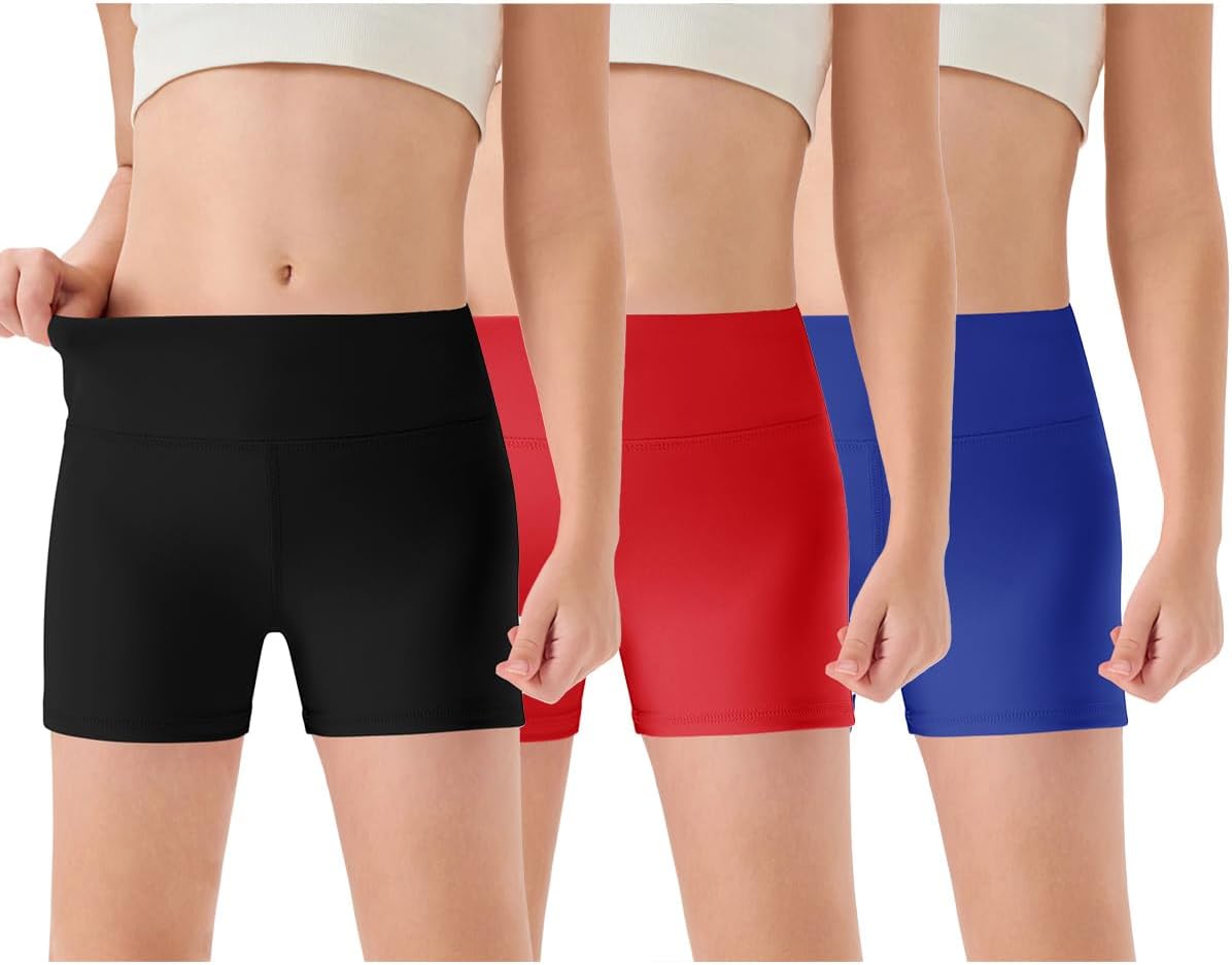 Haloumoning 3 Pack Girls Athletic Shorts Kids High Waisted Gymnastics Yoga Dance Biker Shorts 5-14 Years
