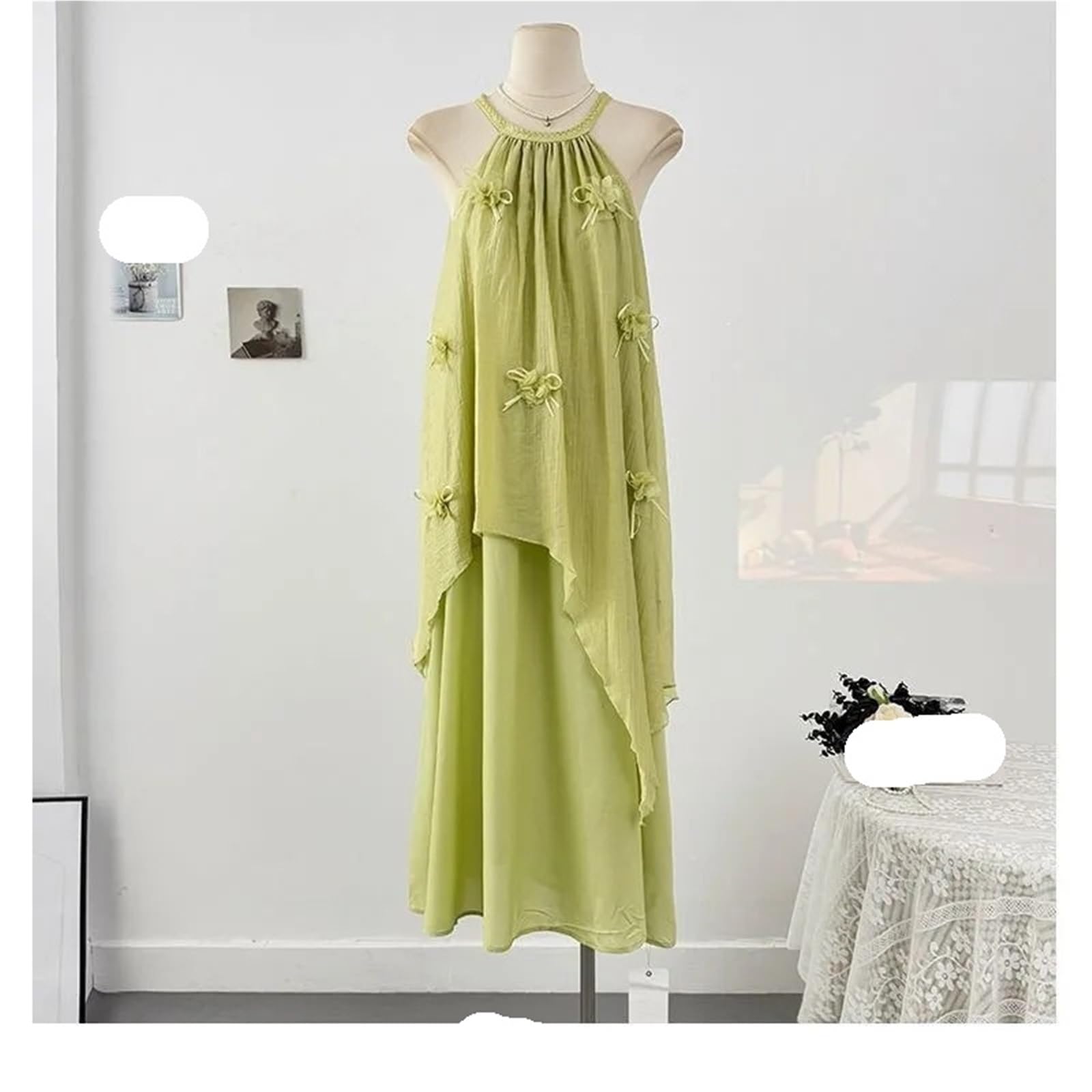 Verano suave moda versátil dulce vacaciones fresco Color puro cuello colgante vestido de tirantes atmósfera elegante viento