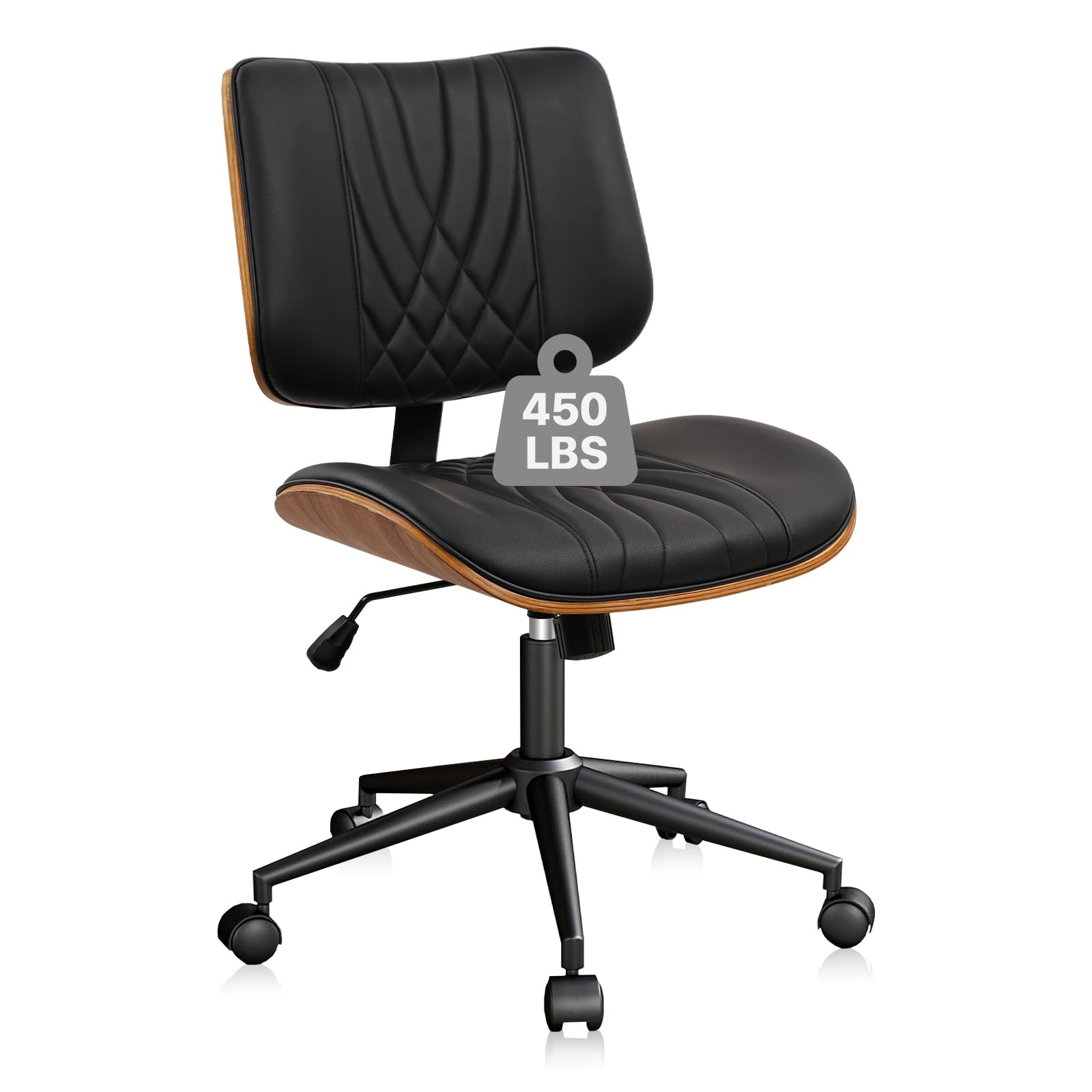 CLATINA Armless Home Office Chair with Wheels, Adjustable Height Swivel Ergonomic Chair, Leather Mid Back Computer Desk Chair, Modern Walnut Chairs