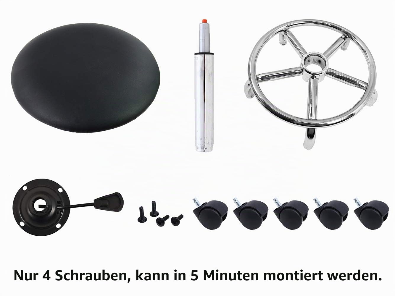 KKTONER Rollhocker Arbeitshocker mit Fußstütze PU Leder Rund Gepolstert 360° drehbar Bürohocker höhenverstellbar 49-64cm Schwarz