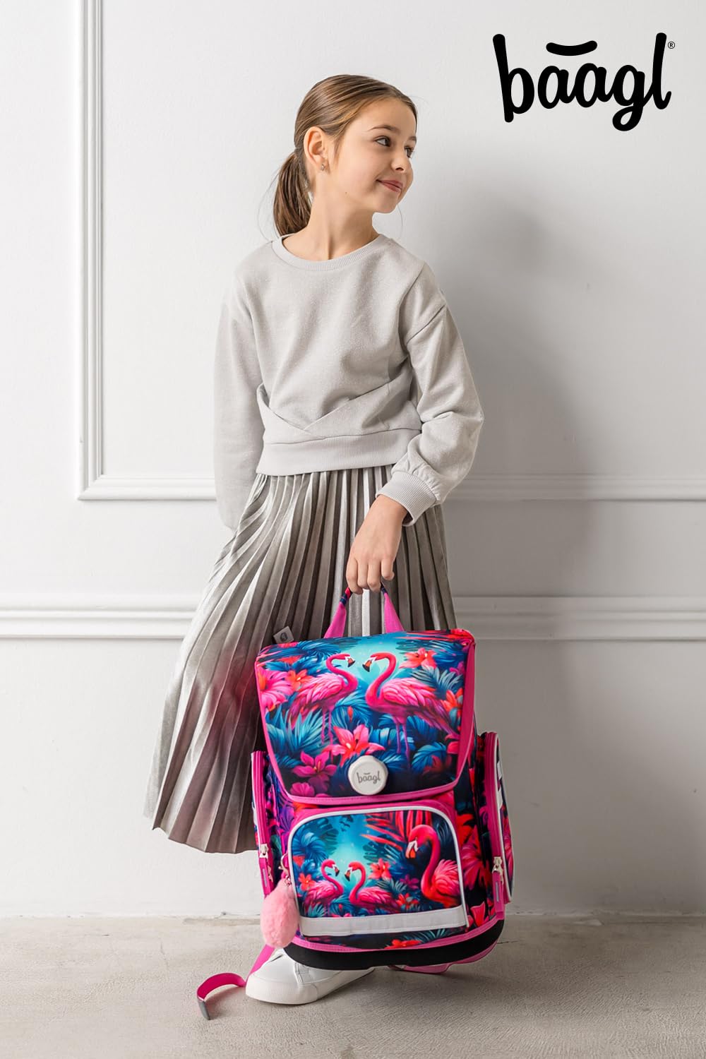 Baagl Mochila escolar para niños y niñas para 1ª clase (o 2ª clase), mochila escolar Ergo para niños y niñas, mochila escolar ligera con correa para el pecho, Flamingos