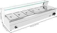 Vista 4 de Calentador de alimentos comerciales, mesa de vapor eléctrica de acero inoxidable de 1200 W con escudo de vidrio templado, equipo de buffet de 6