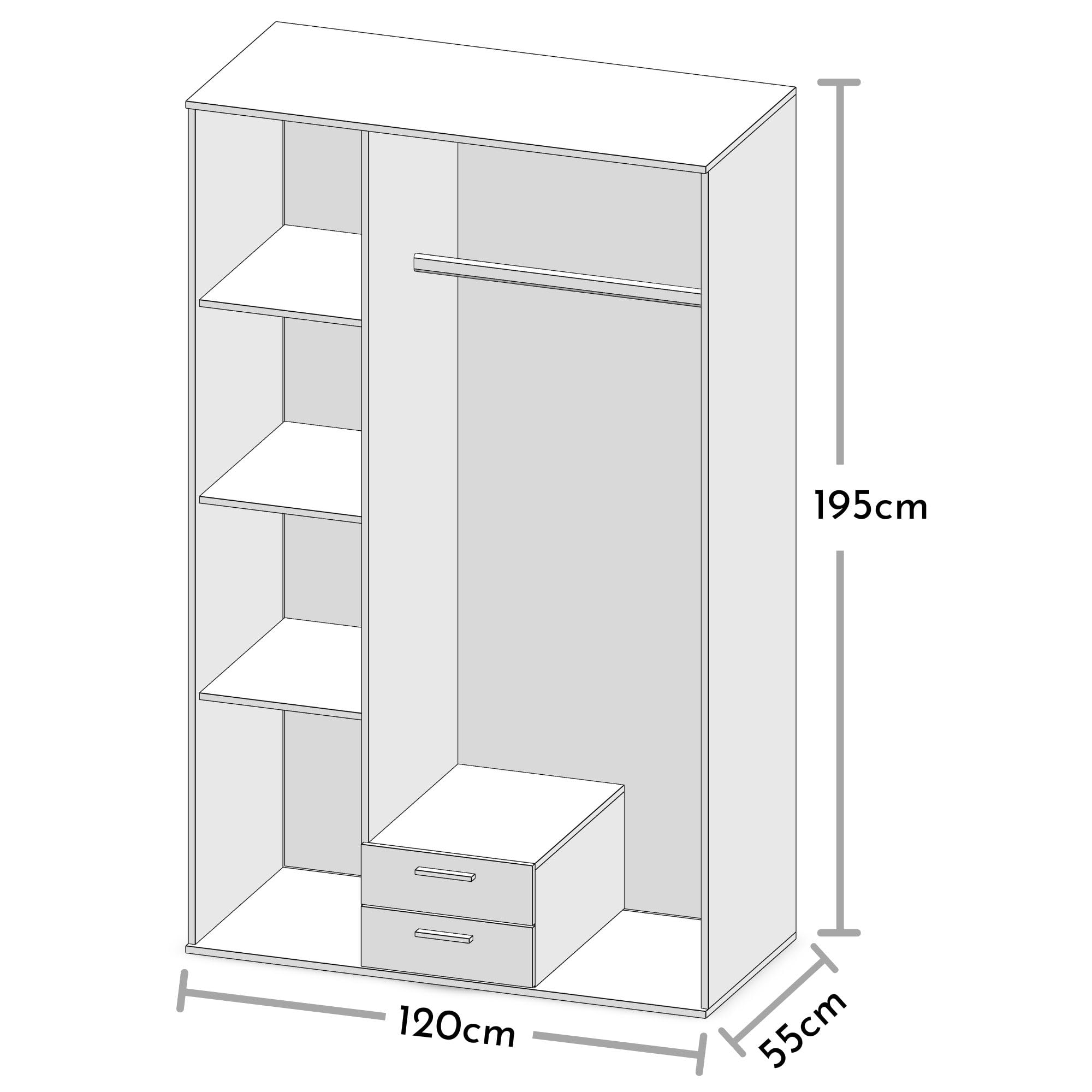 Stella Trading Eleganter Kleiderschrank 3-türig mit viel Stauraum - Vielseitiger Drehtürenschrank in Sonoma Eiche Optik mit Spiegeltür - 120 x 195 x 55 cm (B/H/T)