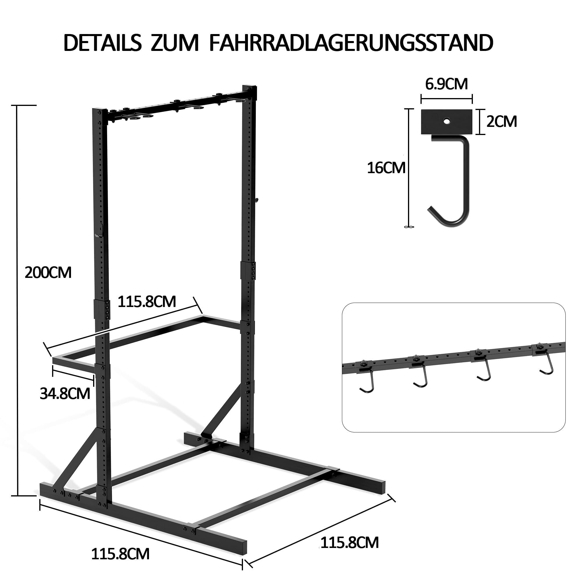 Wolnostojący stojak na rowery do garażu i domu – stalowy stojak na 5 rowerów (136 kg) z pionowym schowkiem, hakami i uchwytami na kask