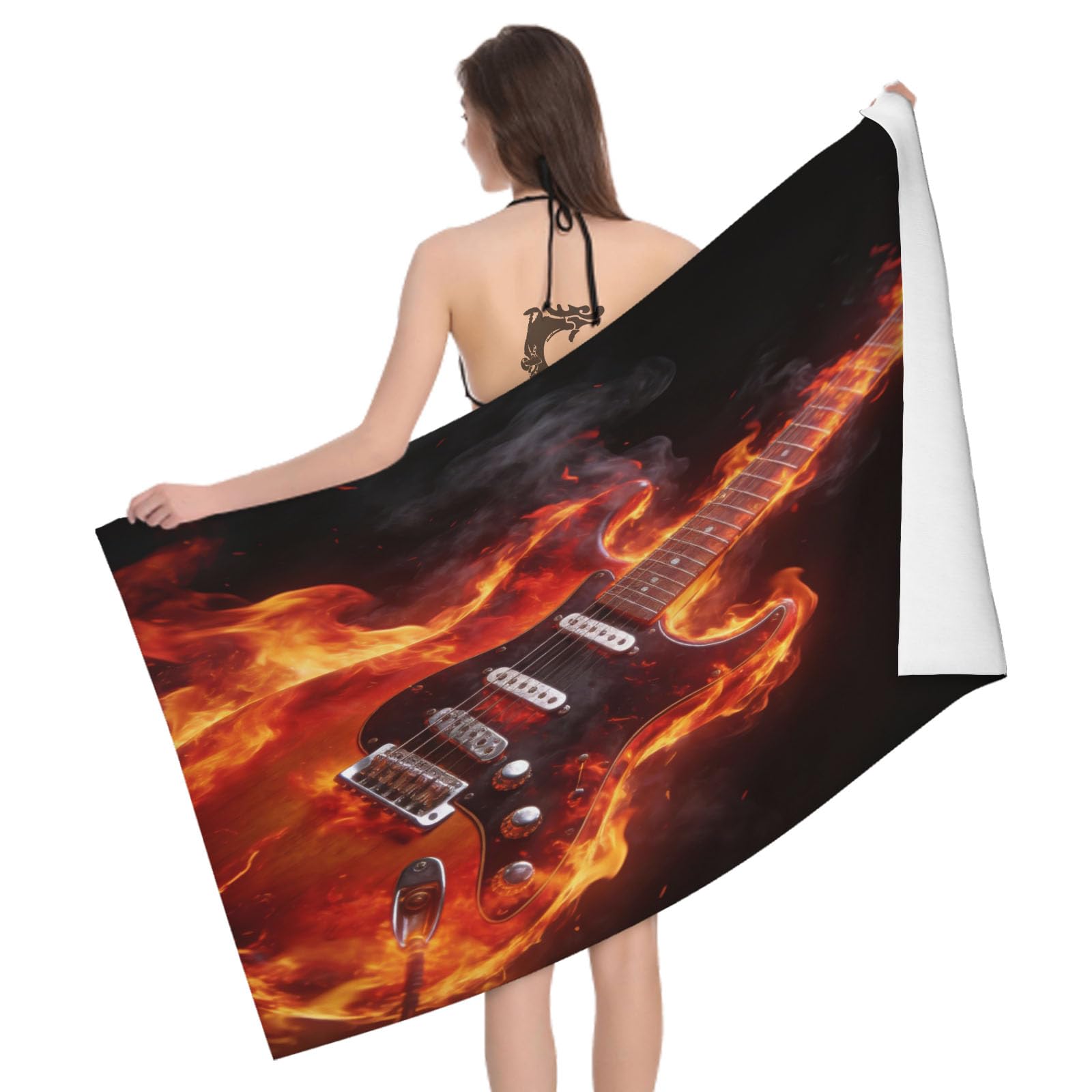 Leichong 3D Flame Guitar Beach Towel Large Microfiber Soft Quick Dry for Adults, Cool Bath Towel Lightweight Soft Absorbent for Travel Swimming Pool Sports, 180 x 90 cm